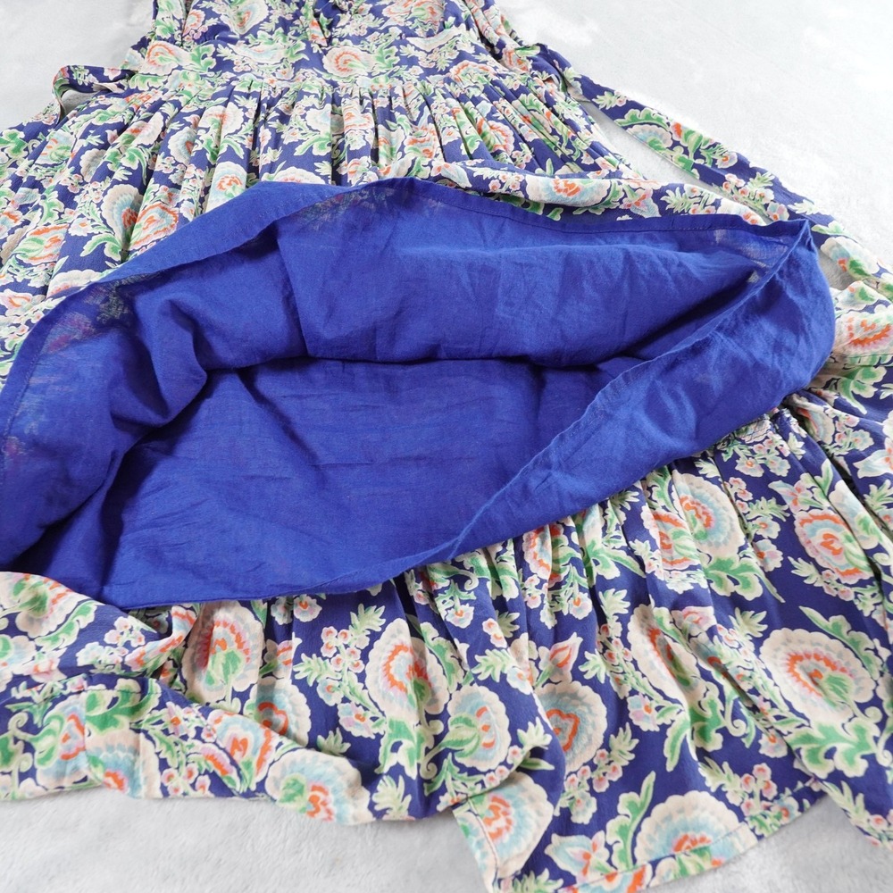 Banjaran Floral Silk Dress Womens XS Blue Knee Length Ruffle Full Skirt Tie Back - Picture 13 of 14